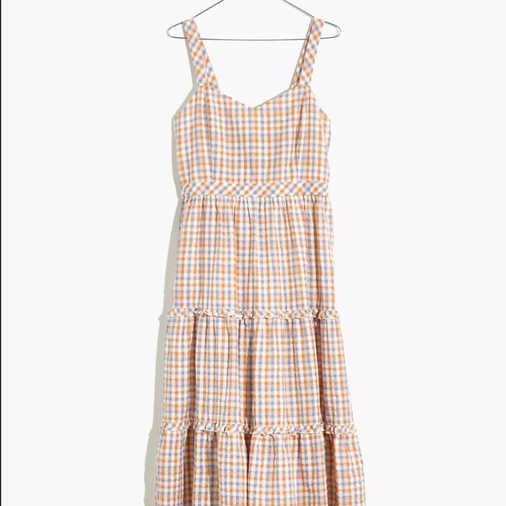 Gingham Sweetheart Ruffle-Tiered Midi Dress